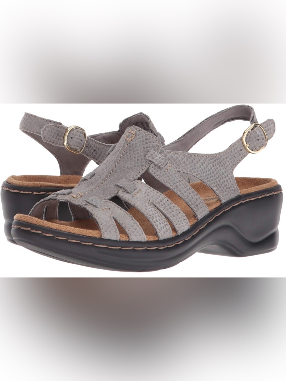 Clarks Lexi Marigold Gray Snake Print Suede Leather Wedge Sandals 6.5